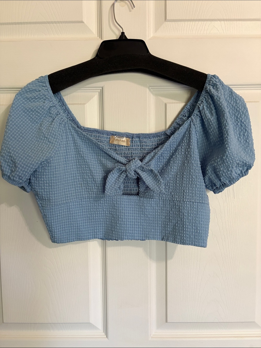 Altar'd State Light Blue Tie-Front Puff Sleeve Crop Top